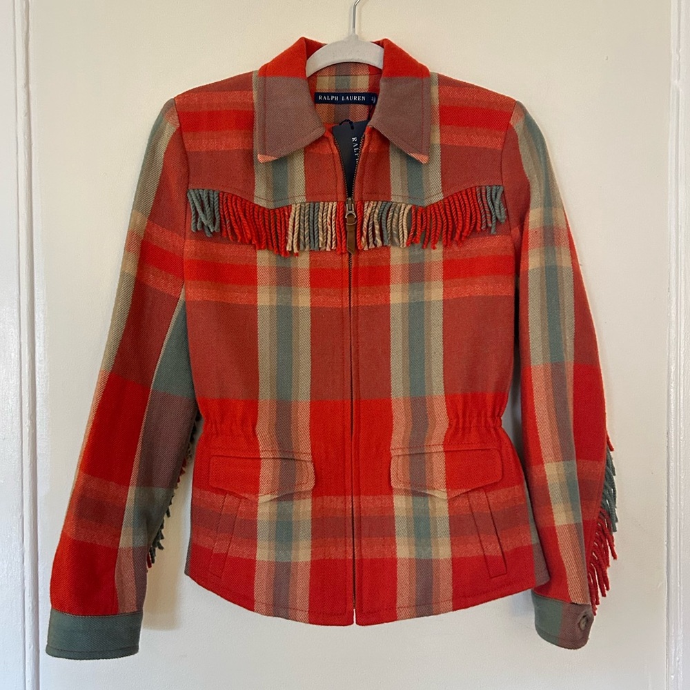NWT Ralph Lauren Plaid Western Siesta Jacket Wool Fringe Blanket Coat